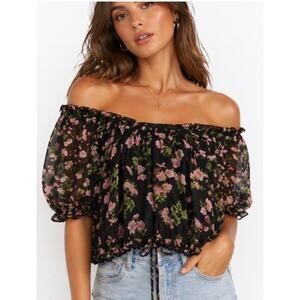 Olivaceous Floral Off Shoulder Peasant Top Black Pink Large NWT
